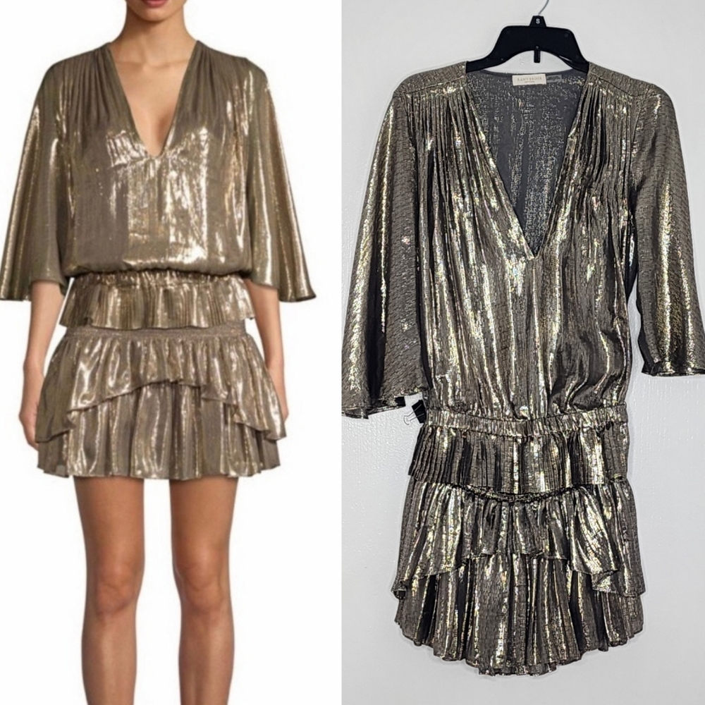 Ramy brook tonya platinum gold metal silk eva skirt set size L